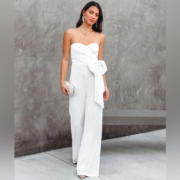 Strapless white sequin jumpsuit - Picture 2 of 3